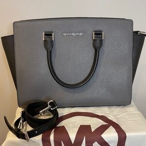 Michael Kors Selma Saffiano Large Crossbody Satchel Gray/Black NWOT